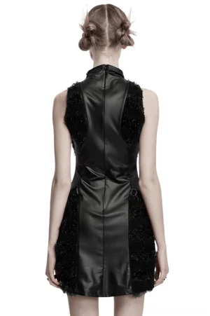 Gothic moon mini dress rear view showing back zipper closure and PU leather back panel detail on model