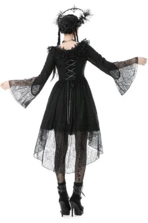 Gothic lace dress rear view showcasing lace-up corset back and flowing sheer lace high-low hemline with theatrical silhouette