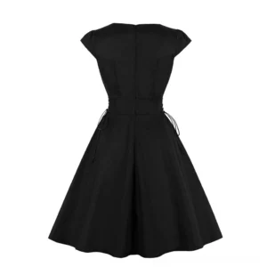 Black gothic swing dress with corset lace-up back view showing invisible zipper