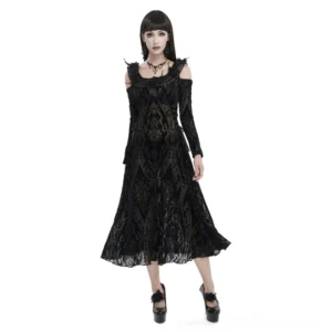 Black off-shoulder gothic midi dress with damask pattern worn on model, front view showing ruffled neckline and feather-trimmed shoulders