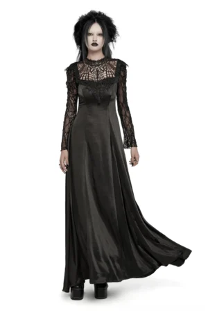 Black gothic maxi dress with lace sleeves and drawstring back, front view on model