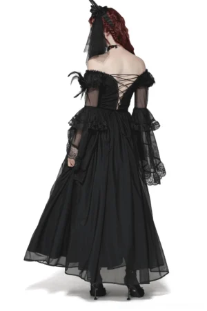 Gothic black maxi dress with dramatic lace-up back corset design, criss-cross lacing detail, and sheer tulle skirt - back view on model