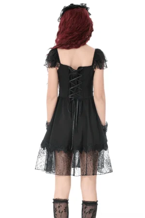 Gothic lace-up dress back view with detailed lace-up closure and layered ruffled sheer lace hem