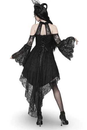 Black gothic lace dress with lace-up back corset detail rear view on model