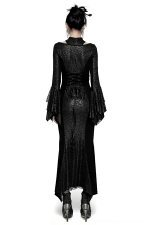 Gothic black fishtail dress back view showing lace-up corset back and flared bell sleeves