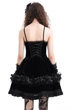 Black gothic dress corset back lace-up closure with ruffled floral hem - back view