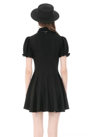 Black gothic mini dress back view showing fitted bodice and A-line skater skirt
