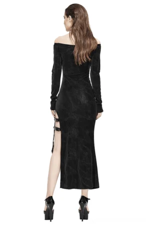 Gothic black dress with high side slit and leather strap details - rear three-quarter view showing fitted silhouette