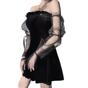 Gothic black mini dress side front angle showing A-line flared skirt, fitted waist, and full-length sheer mesh puff sleeves on model
