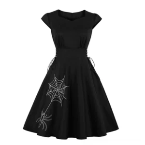 Black gothic swing dress with spider web embroidery and corset lace-up front view
