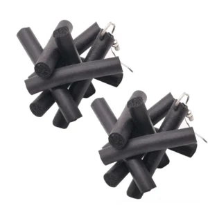 Pair of black gothic rubber drop earrings flat lay on white background with silver aluminum clasps and fishhook hardware