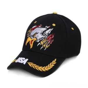 Black gothic eagle military cap with golden USA embroidery and laurel wreath design - front three-quarter view