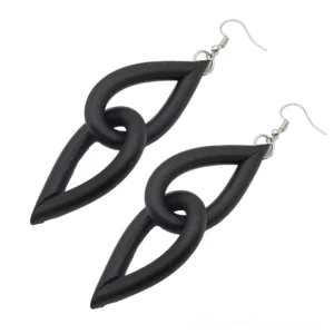 Pair of black gothic rubber dangle earrings flat lay, featuring interlocking teardrop silicone links and silver-tone ear wires against white background