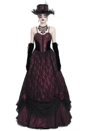 Black gothic evening gown with wine red velvet corset and floral lace skirt - front full body view on female model