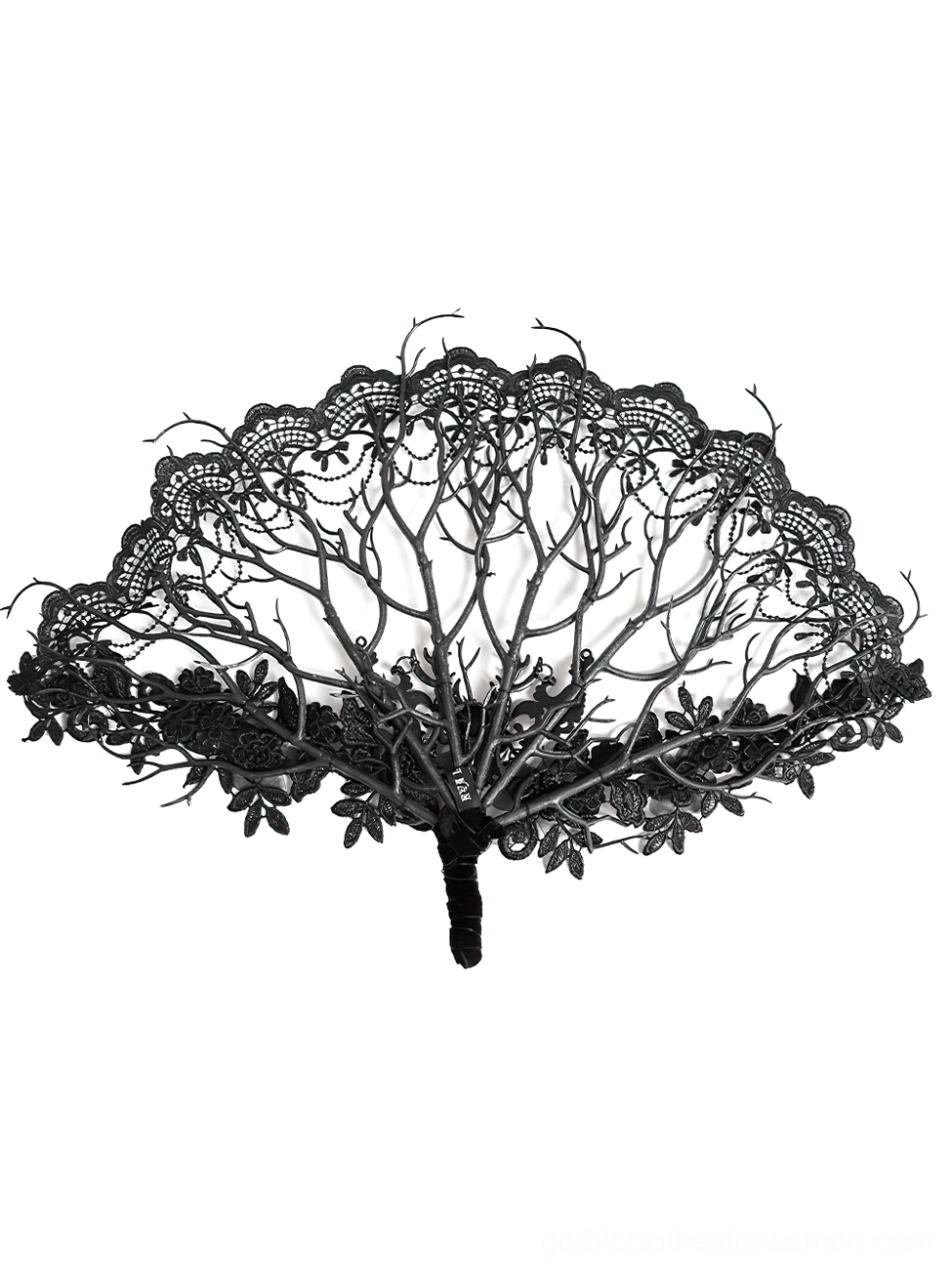 Black lace gothic hand fan front view displaying floral branch design, velvet-wrapped handle, and intricate openwork pattern