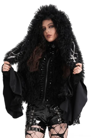 Black faux fur gothic hooded jacket with lace accents and ruffled sleeves worn by goth model in front angle view