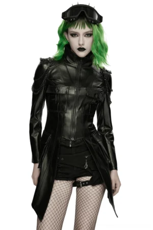 Black gothic faux leather jacket with chain shoulder straps, front view on model with alternative styling