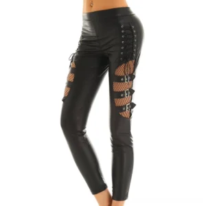 Women's black faux leather gothic pants with lace-up fishnet sides worn on model, left side view showing decorative buckles and textured cutout details