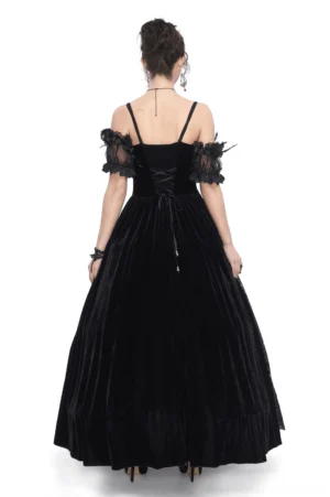 Black gothic velvet evening gown back view featuring lace-up corset back and spaghetti straps - elegant gothic formal dress rear