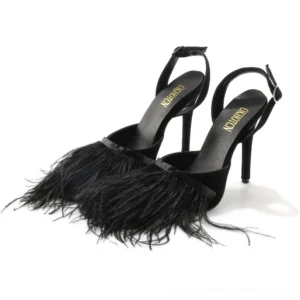 Black gothic feather fringe high heel sandals three-quarter view with pointed toe and adjustable buckle strap