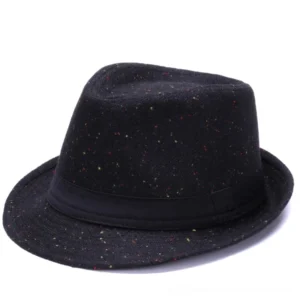 Black wool felt gothic fedora hat with wide brim and black ribbon band shown in side profile view