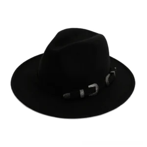 Black gothic vintage fedora hat with leather belt and dual metal buckles - front flat lay view