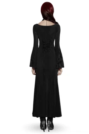 Gothic black fishtail maxi dress rear view displaying corset lace-up back design and flowing bell sleeves