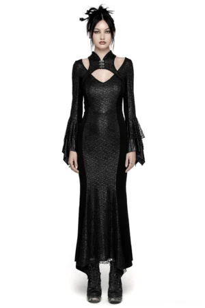 Black Victorian gothic lace-up fishtail dress with high collar and bell sleeves front view on model