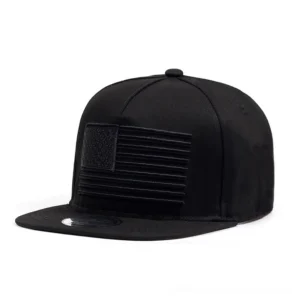 Black US flag embroidered gothic snapback cap front view with 3D raised matte embroidery detail