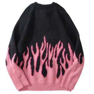 Black gothic flame print sweater back view, oversized silhouette with flame motif detail on lower hem, ribbed construction