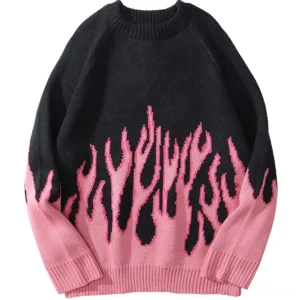 Black oversized gothic flame jacquard sweater front view, pink flame pattern on black knit fabric with ribbed O-neckline and cuffs