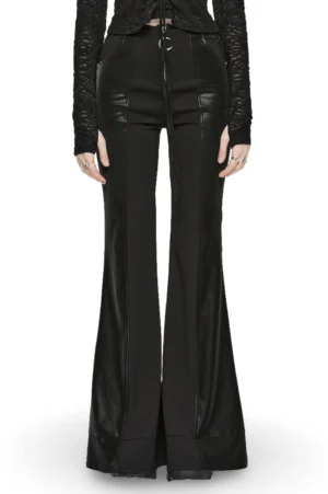 Black gothic flare pants high-waist crescent moon zipper front full body view