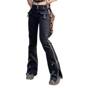 Black gothic flared cargo pants front view with metal D-rings and side leg zippers on female model