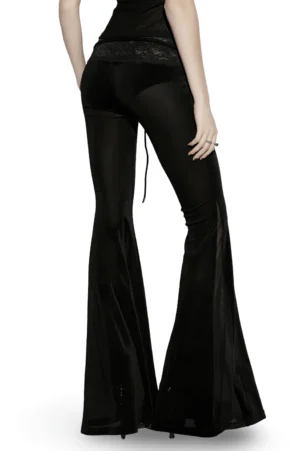 Black gothic flared trousers rear view with drawstring detail and lace trim on white background