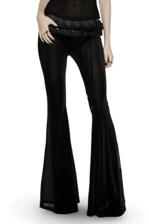 Black gothic low-rise flared pants front three-quarter view showing lace waistband and sheer mesh side panels