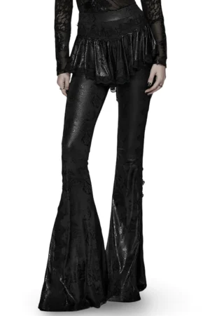 Black gothic flared pants with lace peplum overlay full front view on model