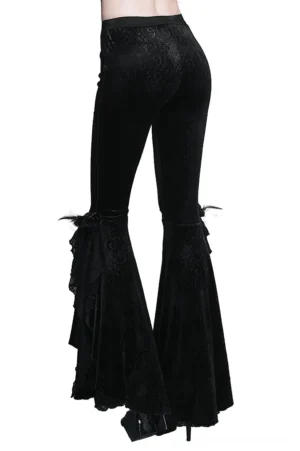 Black gothic wide leg pants back 3/4 view displaying embossed velvet fabric and decorative ruffled leg embellishments