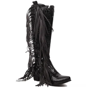 Black fringed knee-high gothic boots with crocodile texture and cascading tassels, side three-quarter view showing pointed toe and side zipper