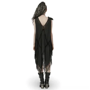 Back view of black gothic fringe dress showcasing deep V-back design and asymmetric twisted fringe hem