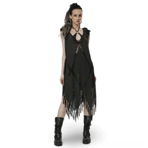 Black gothic fringe V-neck midi dress with crocheted mesh overlay and feathered shoulder details, front three-quarter view on model