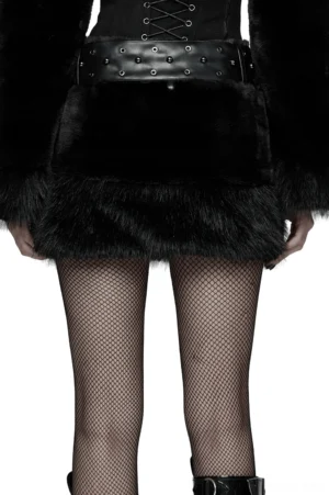 Black faux fur gothic mini skirt with studded leather belt, back view showing fluffy fur layers and silver buckle hardware from behind