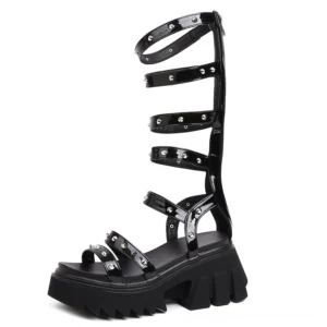 Black patent leather gothic gladiator platform sandals with studded straps and back zipper closure - right side view