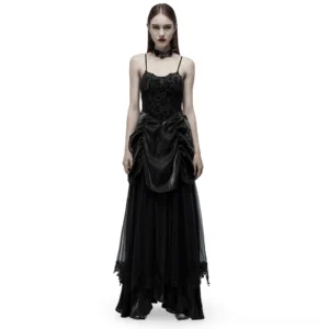 Black velvet and tulle gothic gown front view with spaghetti straps and bat motif chest accent