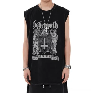 Black oversized gothic graphic tank top front view on male model, washed cotton sleeveless tee with crew neck and cryptic print design