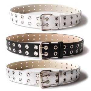 Black gothic rivet grommet belt with double-row metal eyelets, flat lay display showing full belt length and silver buckle
