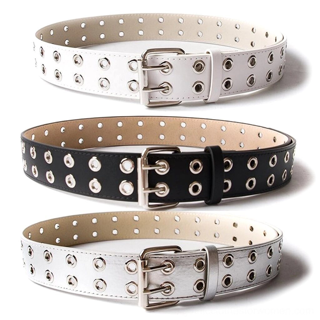Black gothic rivet grommet belt with double-row metal eyelets, flat lay display showing full belt length and silver buckle
