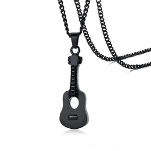 Black matte stainless steel guitar pendant urn necklace with openable ash storage compartment - close-up front view