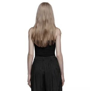 Black gothic halter cami back view showing cross straps and rear keyhole detail
