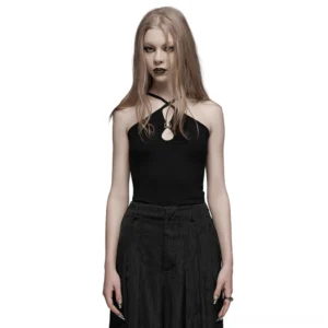 Black gothic halter camisole with metal buckle keyhole cutout, front view on model