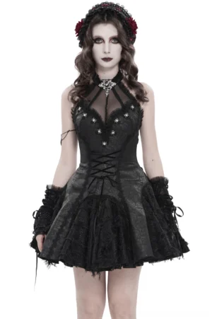 Black gothic halter corset mini dress with lace trim and star embellishments, front view on model